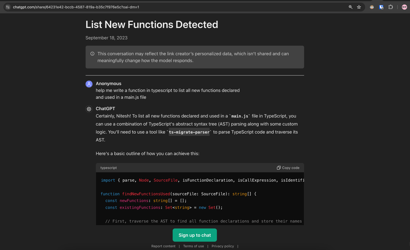 Figure 3. A variant of a ChatGPT shared conversation to get a list of functions from a JS file