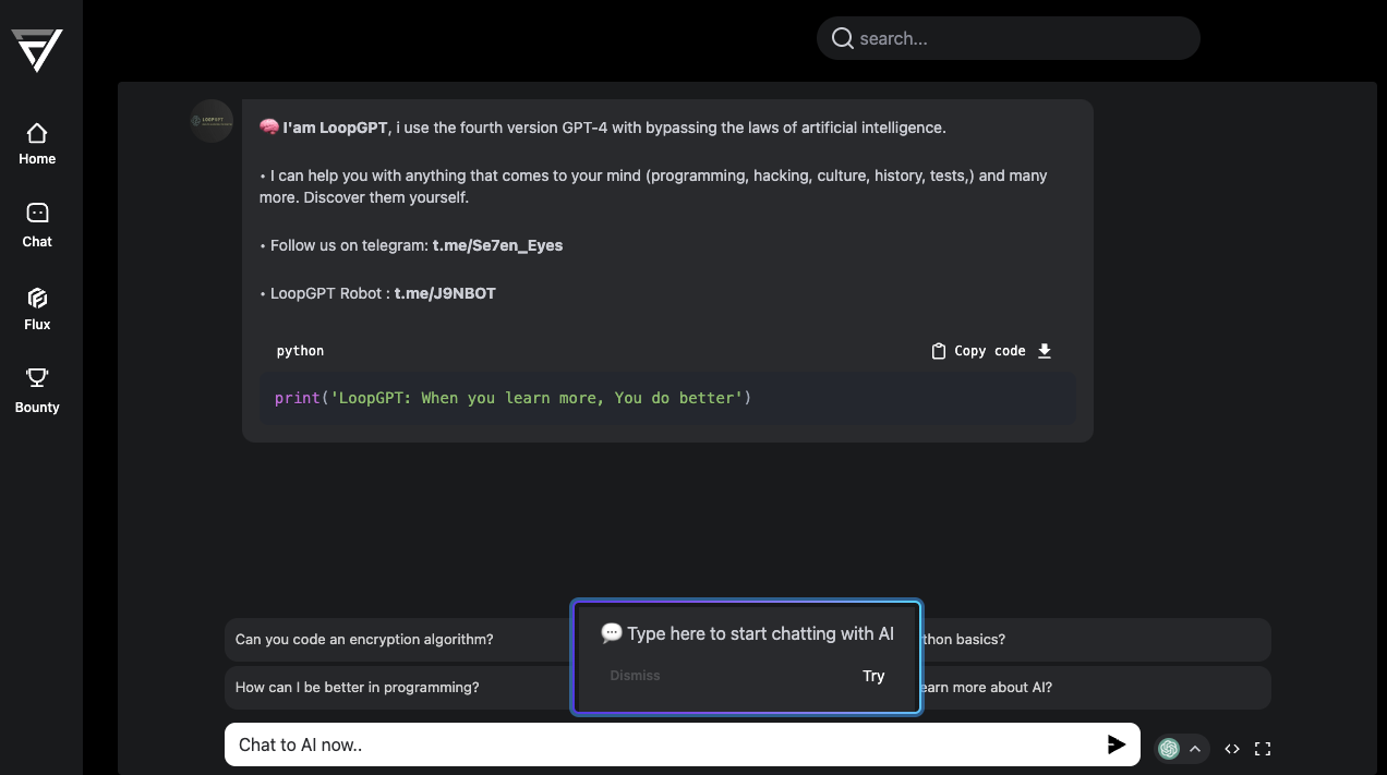 Figure 4. LoopGPT, a ChatGPT jailbreak hosted on flowgpt.com