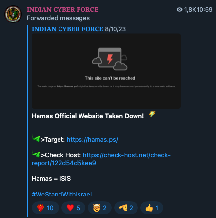 Figure 22. Indian Cyber Forces targetting a Hamas site with DDoS