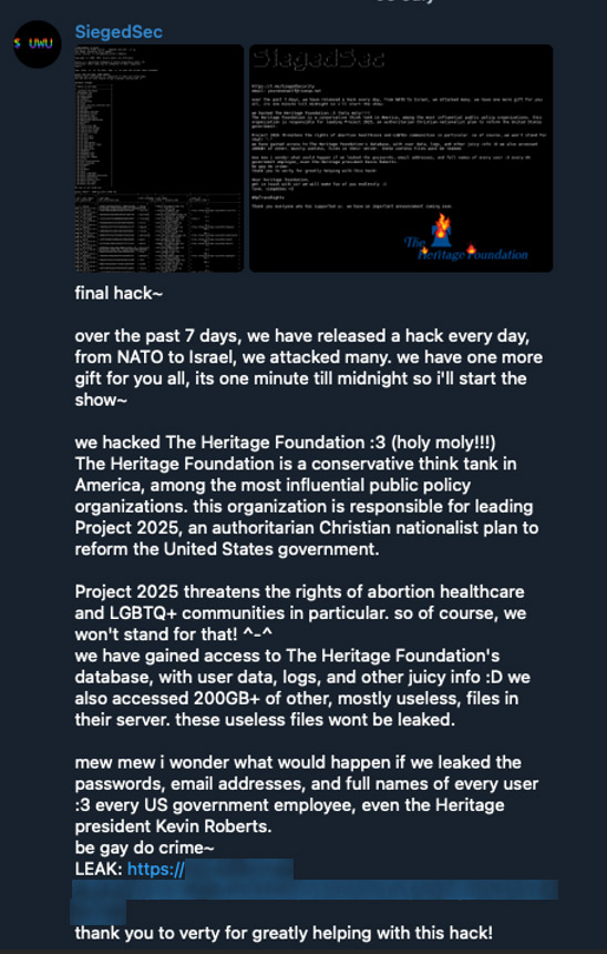 Figure 11. SiegedSec explaining their political motivations